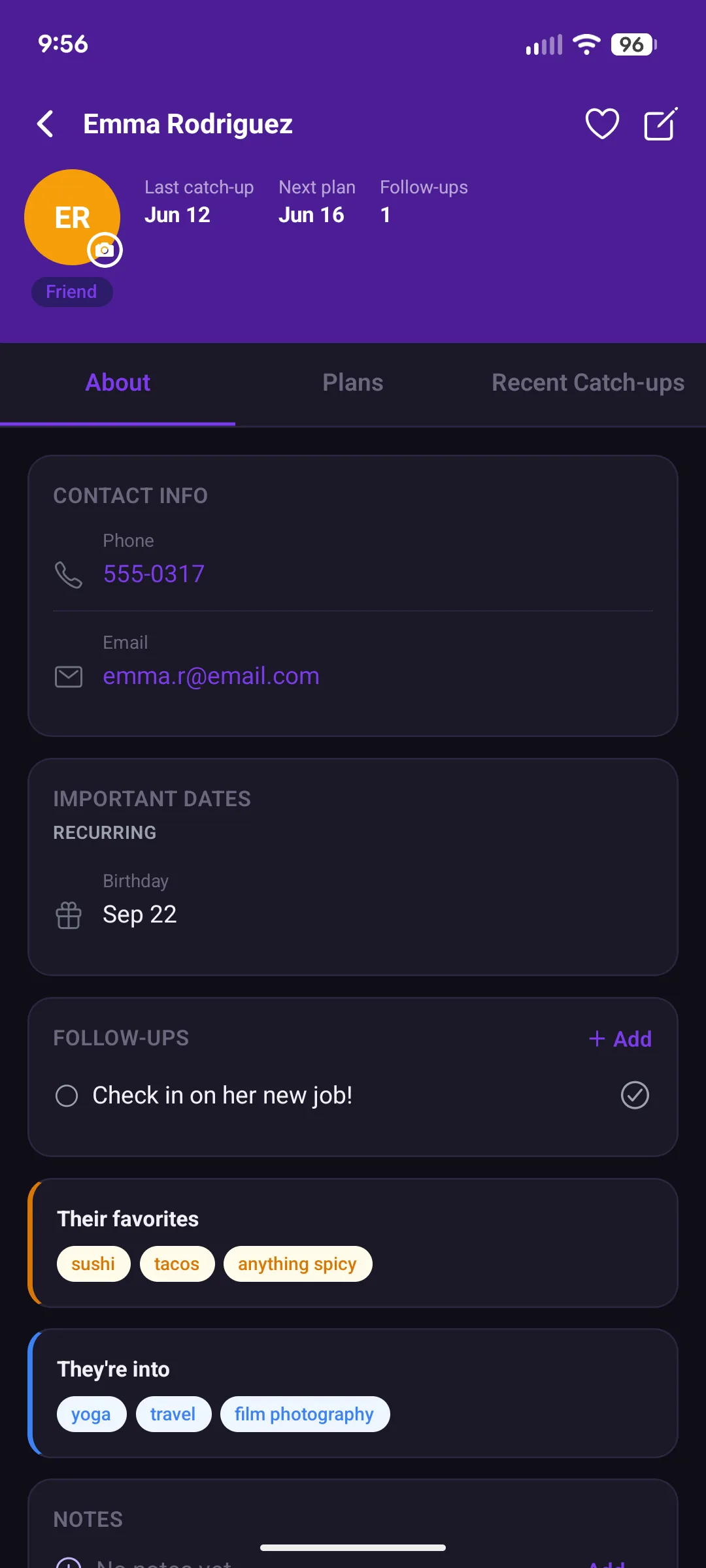 Toldari contact profile showing favorites, interests, important dates, and follow-ups for a friend