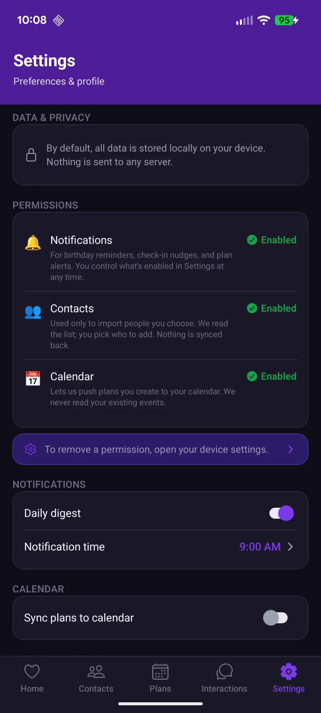 Toldari settings showing on-device storage, check-in intervals, and notification preferences
