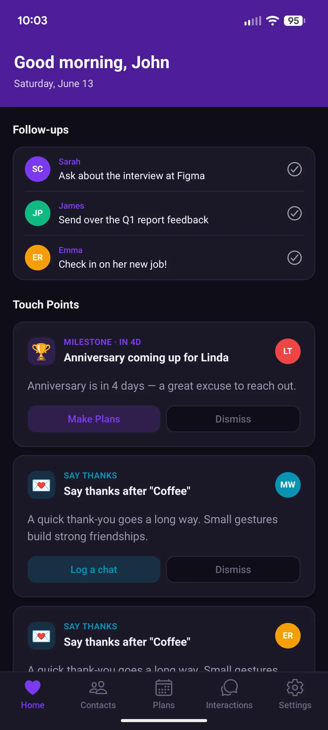Toldari touch points reminding you to reach out to someone you haven't talked to in a while