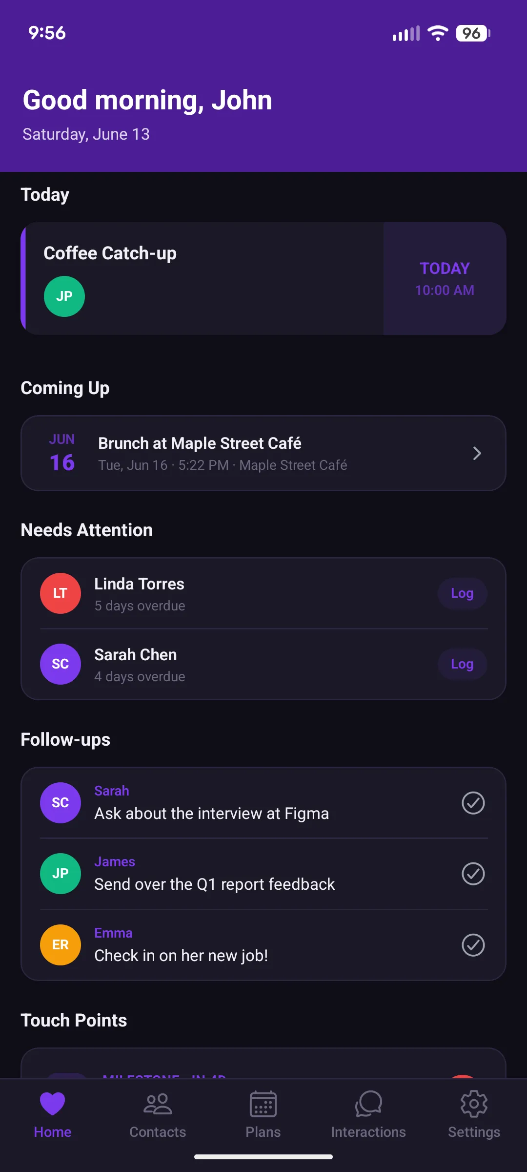 Toldari home screen showing today's plans, people who need attention, and gentle touch points